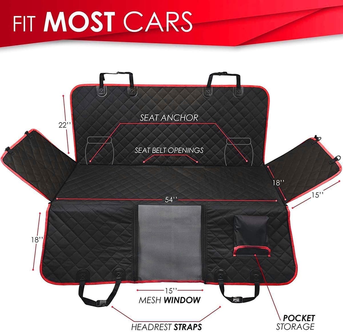 Dog Hammock for Car Back seat with Mesh Visual Window, Side Flaps with Zipper, Padded 4 Layers Waterproof Heavy Duty Hammock with Storage Bag, Scratch Proof Nonslip Pet Car Seat Cover (Black/Red) — view 3