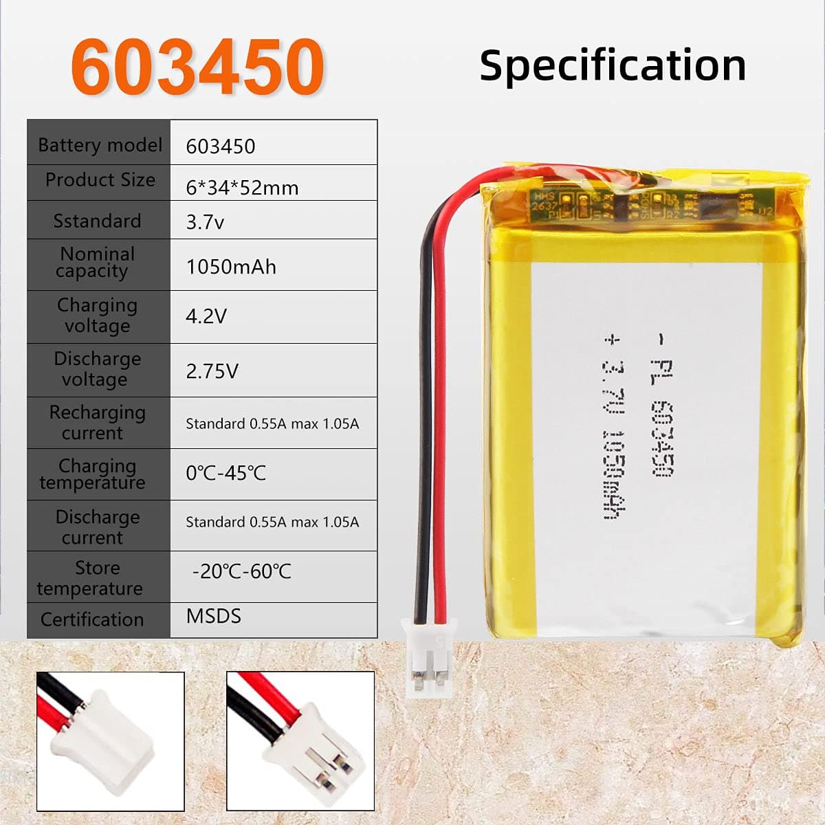 3.7V 1200mAh Battery 603450 Lithium Polymer Ion Rechargeable Li-ion Li-Po Battery with 2P PH 2.0mm Pitch Connector — view 2