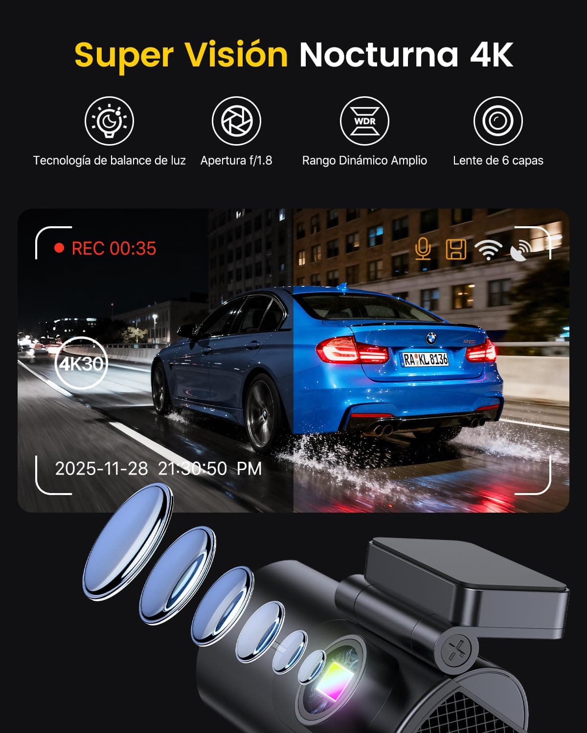 GKU Dashcam Cámara Coche 4K+1080P, 5GHz WiFi Dash CAM Coche con Tarjeta SD de 64GB,Camara Coche Grabadora,170° Gran Angular,Visión Nocturn,WDR,Sensor G,Monitor de Aparcamiento,Grabación de Bucle — view 4
