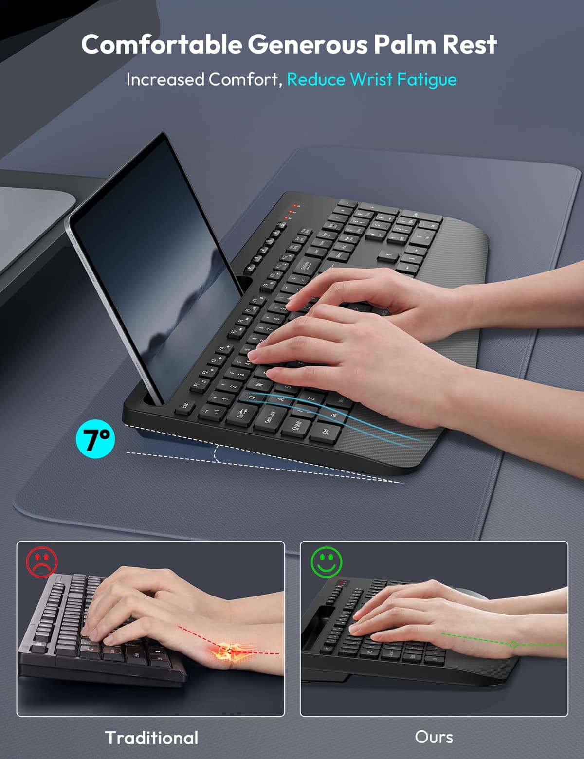 SABLUTE Wireless Keyboard with Wrist Rest, Full-size Ergonomic Keyboards with Phone Holder, Numeric Keypad, 18 Multimedia Keys, Sleep Mode, 2.4GHz Cordless Keyboard for Windows/Computer/PC, KN213 — view 2