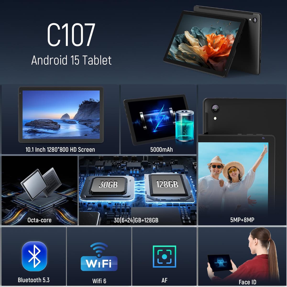Whitedeer 10 inch Android 15 Tablet, Android Tablet with 30GB+128GB+1TB, Face ID, 5MP 8MP Camera, Split Screen, 1280x800 IPS Display, 5000mAh Battery, WiFi 6 5G 2.4G, Bluetooth 5.3, Widevine L1, Black — view 2