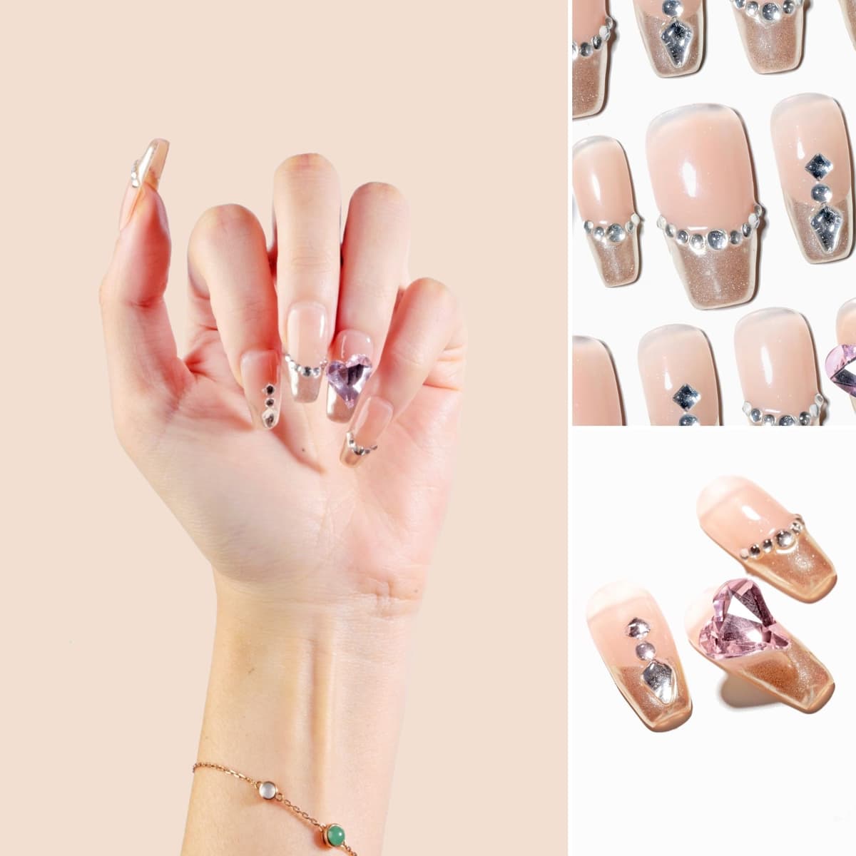 Sun&Beam Nails Handmade Press On Nail Long Coffin Ballerina Pink Flower Acrylic Fake Tip 3D Design Art Charms Cute with Storage Box 10 Pcs (S) — view 285
