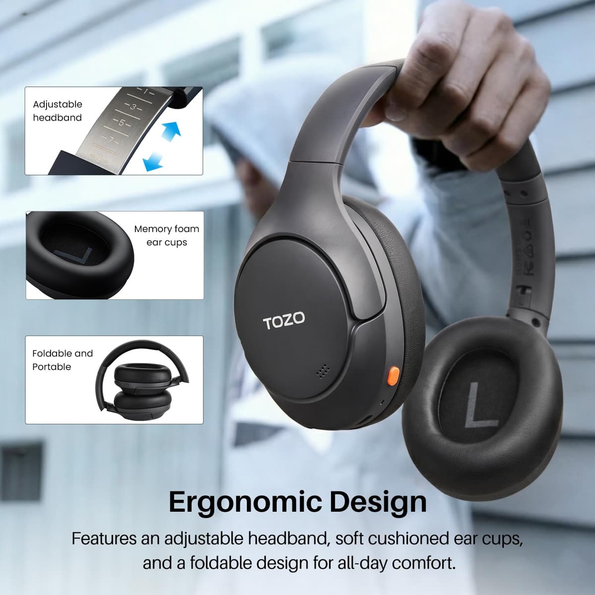 TOZO HT3 Bluetooth Headphones, Active Noise Cancelling with 5-Mic AI Chat, Wireless Over Ear Bluetooth, Hi-Res Audio, 90H Playtime, Transparency Mode, Dual Bluetooth Connection, 32 EQ Modes — view 8