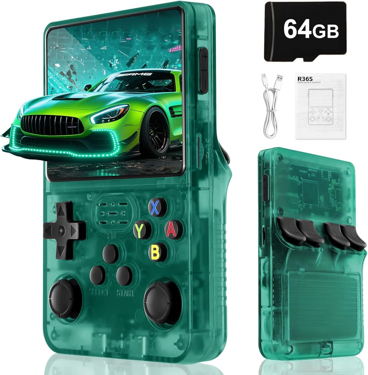 R36S Retro Handheld Video Game Console -Linux System,3000mAh Battery,3.5 Inch Screen,64G TF Card,20000+ Classic Games,Portable Game Console for Present to Give Friends for Christmas-Green