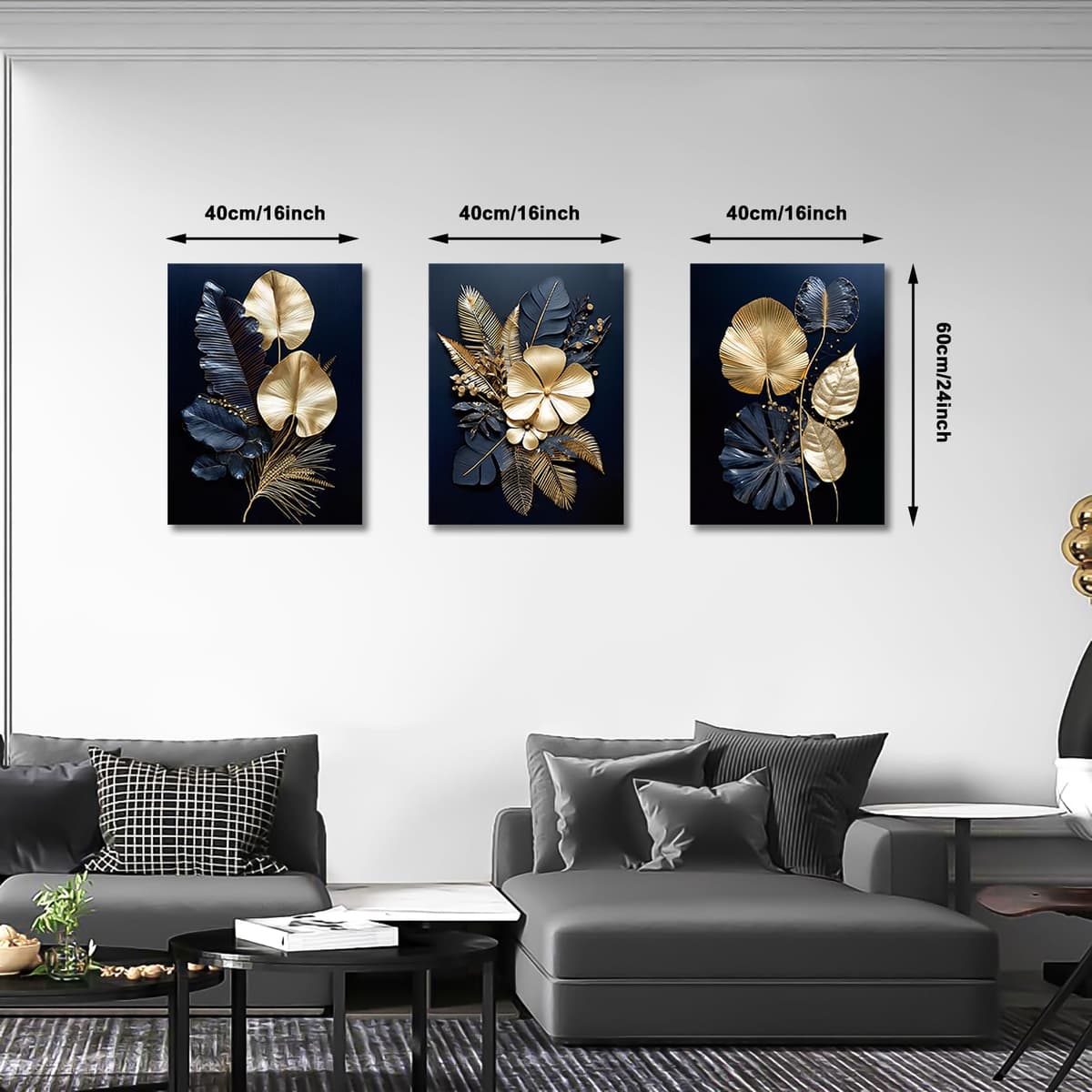 FajerminArt 3 Panels Modern Canvas Wall Art Navy Blue Gold Flowers Coconut Leaves Pictures Painting on Canvas Prints for Living Room Bedroom Office Wall Decoration Stretched On Frame 40x60cmx3Pcs — view 2