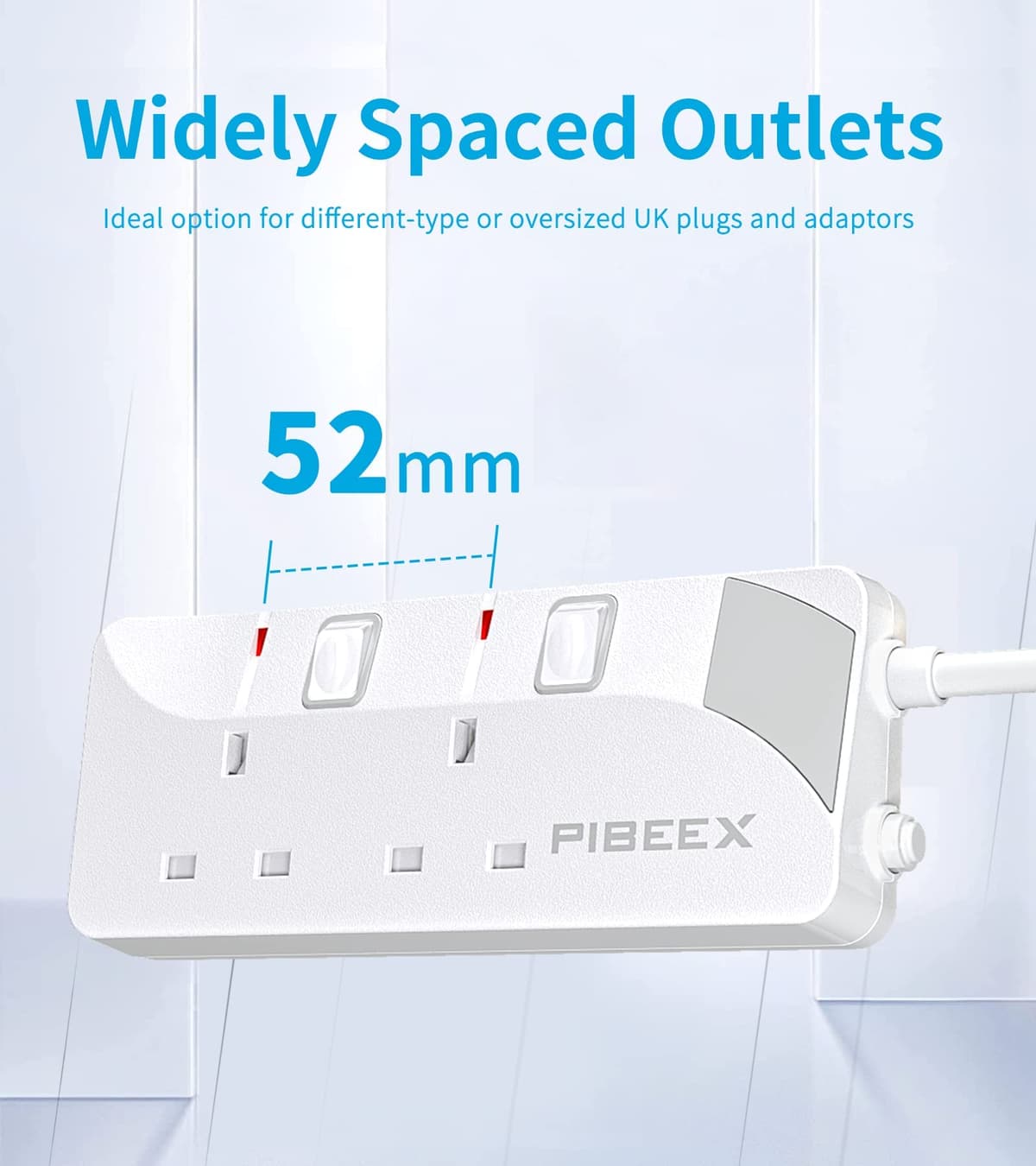 PIBEEX Extension Lead 2 Way Plug Sockets with Individual Switches Wall Mountable Power Strip 3M Extension Cable 13A Fused UK Plug 3250W — view 4
