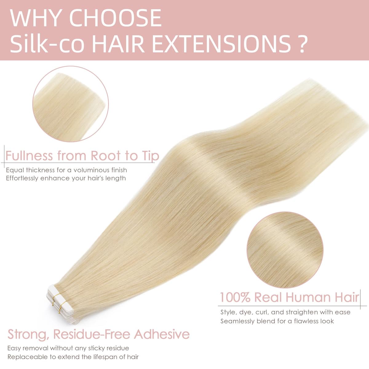 12 inch Tape in Real Human Hair Extension #60 Platinum Blonde Skin Weft 40g 20 pcs Remy Invisible Hair Extension — view 3