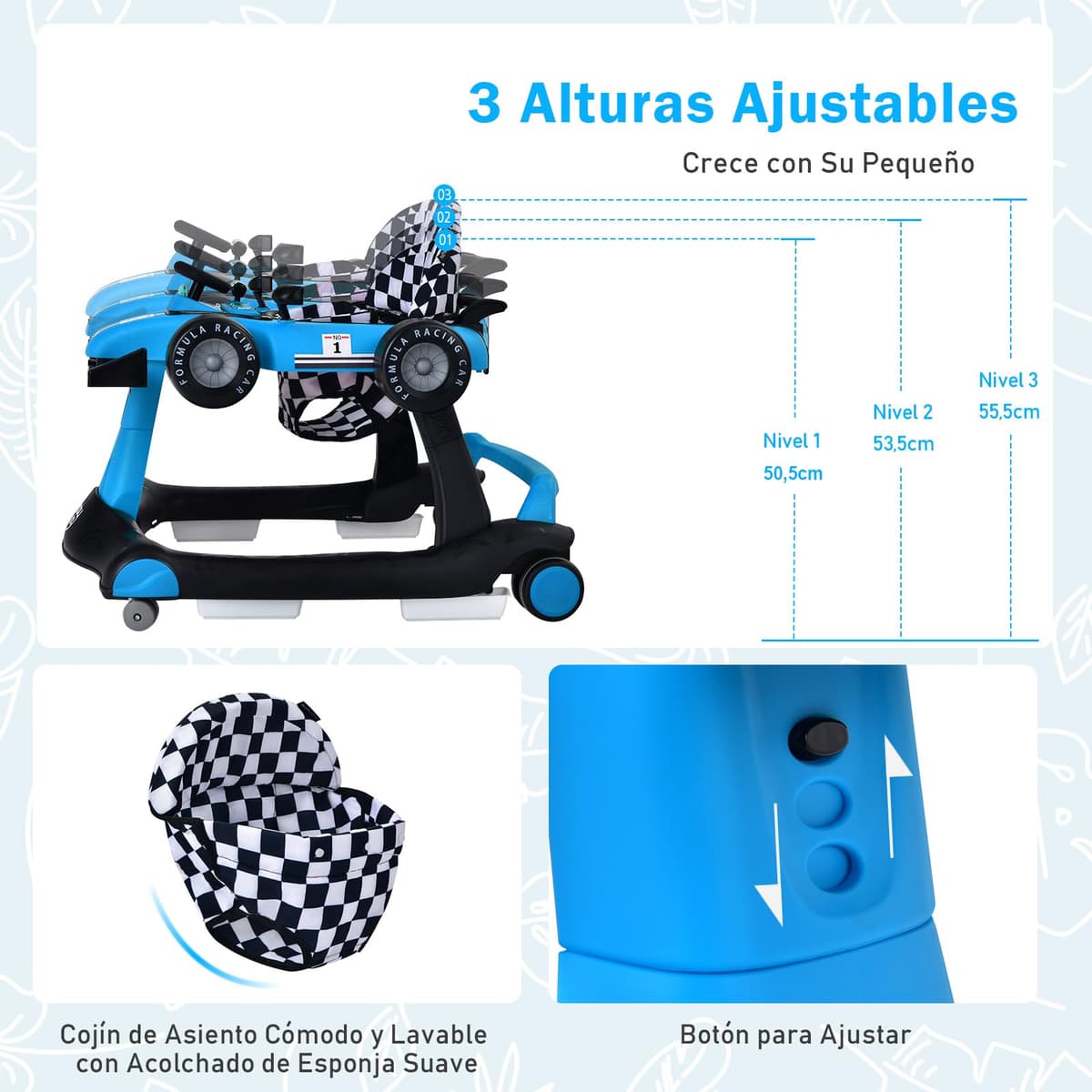 COSTWAY 4 en 1 Andador Bebes, Tacata Bebe Plegable con Altura y Velocidad Regulables, Carillón con Luces, Volante y Asiento con Cojín, Diseño Antivuelco, Caminador para Bebe de 6-18 Meses — view 3