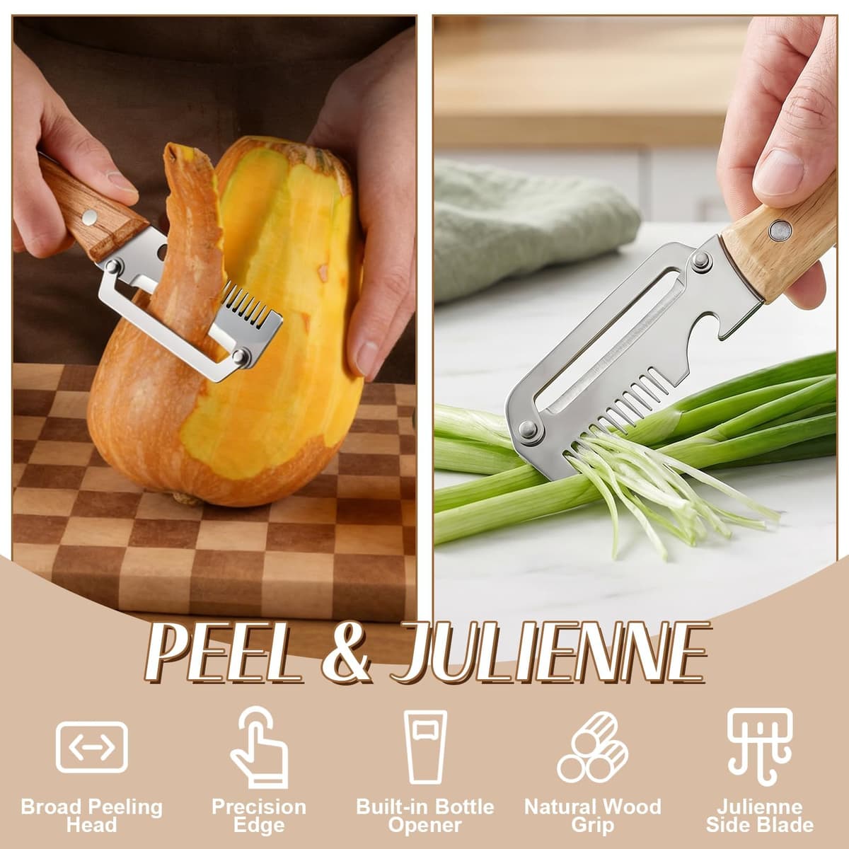 3-in-1 Multifunctional Vegetable Peeler, Upgrade Zero Snag Wooden Kitchen Tool, Stainless Steel Peeler with Wooden Handle for Shredding, Opening Bottles, Vegetables, and Fruits (2 pcs) — view 2