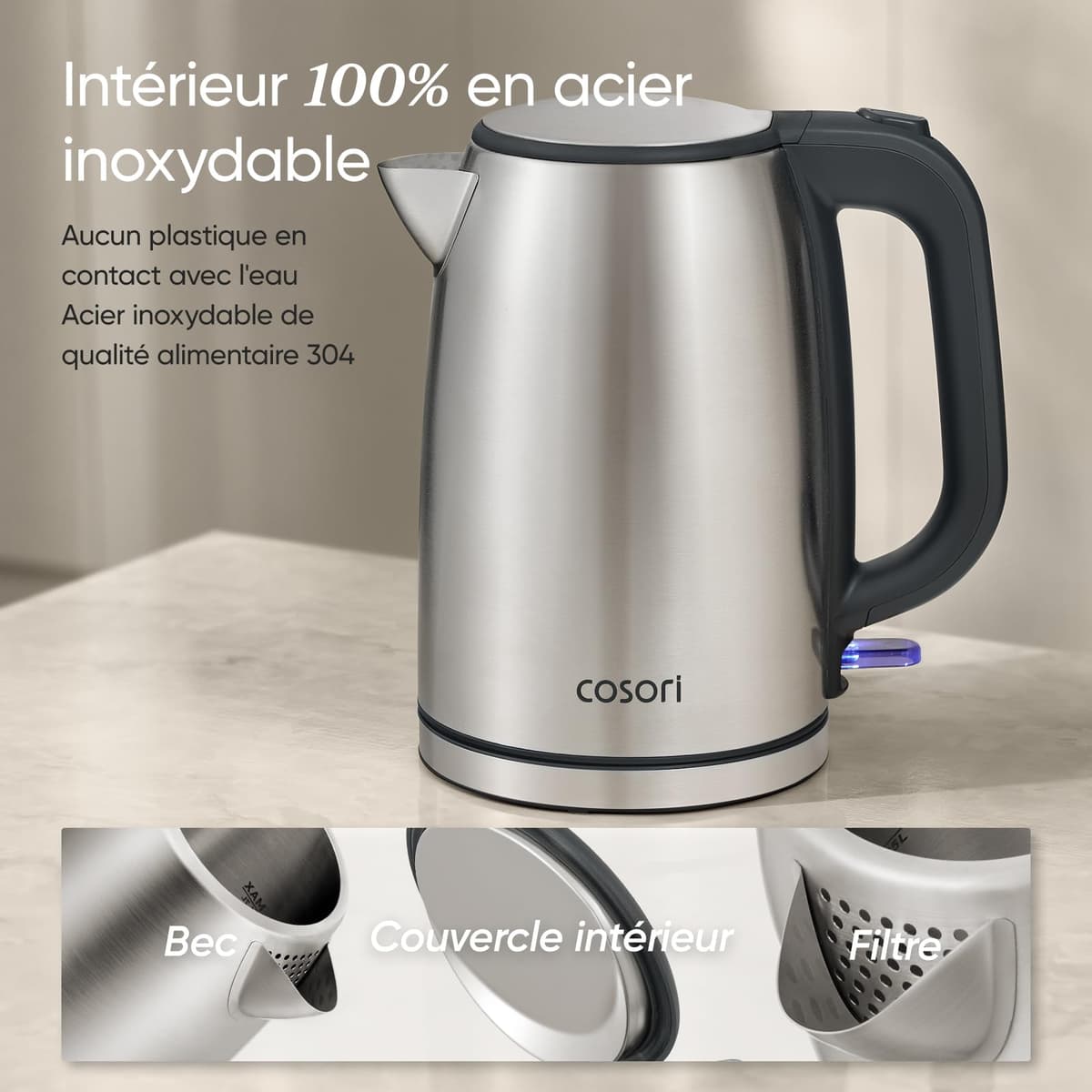 COSORI Hervidor de Agua Eléctrico 1,7L Acero Inoxidable 304, 2200W, Sin Plástico en Contacto con el Agua, Sin BPA, Ebullición Rápida, Termostato Strix, Base 360°, Apagado Automático, Negro/Plata — view 2