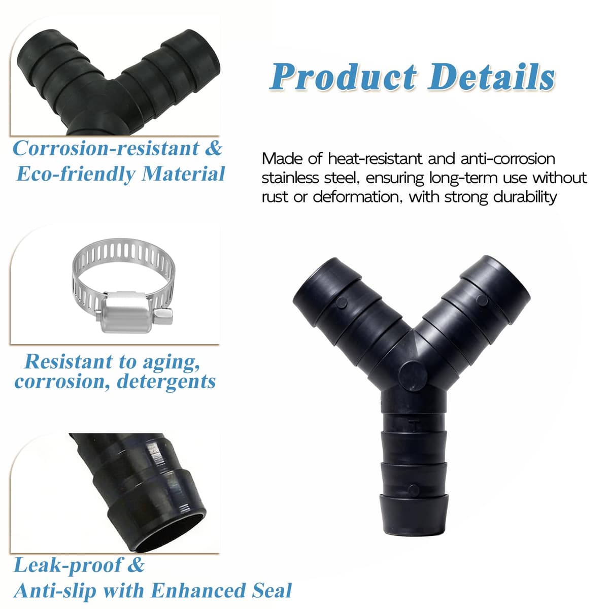 Distribuidor en Y de 2 vías modelo para Mangueras de Desagüe, Y Adaptor Desagüe para Lavadora y Lavavajillas, resistente hasta 120°C, incluye 3 abrazaderas de sujeción seguras — view 3
