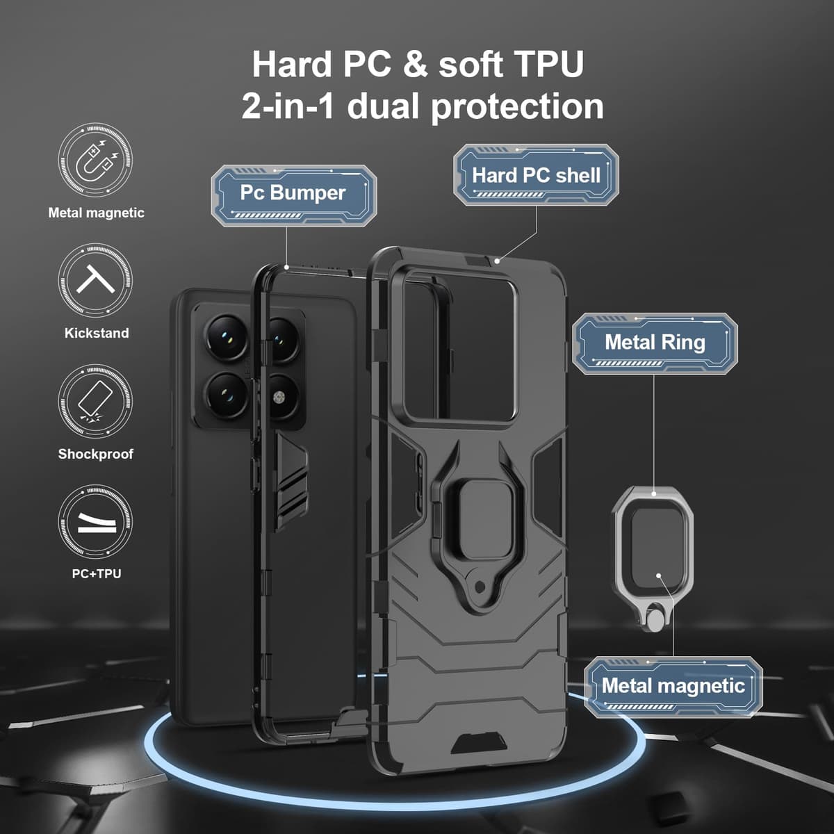 Funda para CMF Phone 2 Pro, Carcasa Antigolpes con Soporte anular metálico, Case Protectora de Grado Militar, Negro — view 1453