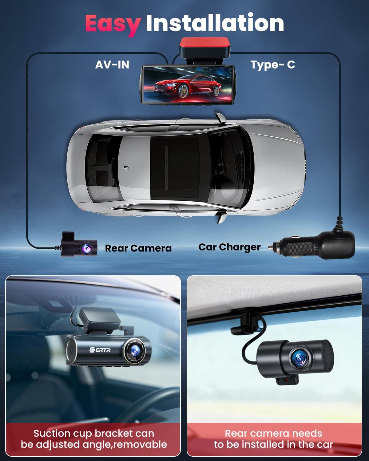 4K Dash Cam Front and Rear, 5GHz WiFi Wireless Dashcam with 64GB SD Card,4K+1080P Dual Car Dash Camera, Full HD Dash Cam with APP Control, G-Sensor, WDR, Loop Recording Easy Setup — view 4