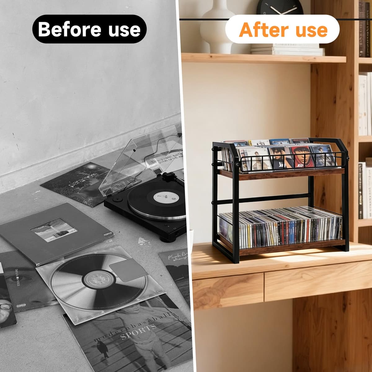 2-Tier CD Storage Rack & Tower, Vinyl Record & CD Holder with Display Shelf, Industrial Retro Wood & Iron Organizer for LPs, CDs, DVDs, Games, Magazines, Space-Saving Desktop CD Stand — view 3