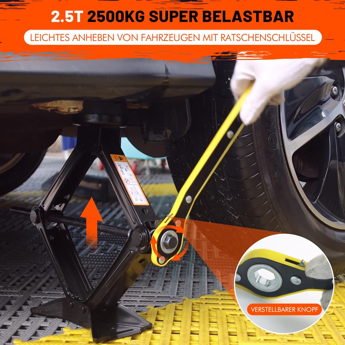 IMAYCC Nuevo Gato para Coche 2.5T/2500kg, Kit de Gato Coche con 2 Piezas Bloque De Goma Universal, Portátil Kit de Emergencia con Llave de Tuercas de Rueda. — view 5