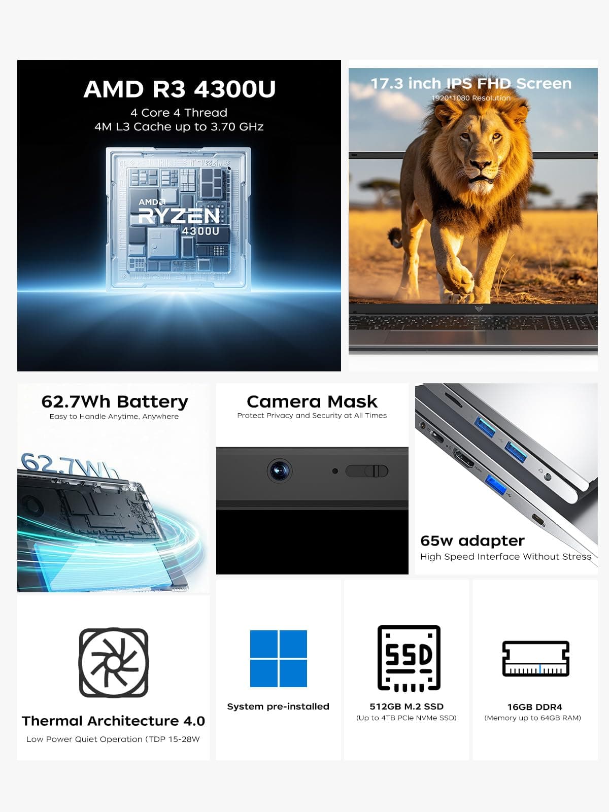 17.3 inch Laptop with Quad-Core Ryzen 4300U Processor up to 3.70GHz (Beat N150/N97) 16GB RAM DDR4*2 + 512GB M.2 SSD Computer, WiFi 5, BT5.2, USB3.2, HDMI, Type-C,1080 FHD, 62.7Wh Long-Battery — view 2