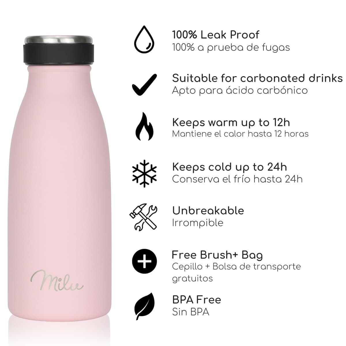 Milu Botella de acero inoxidable de 350ml 500ml 750 ml 1 L 1,5 L botella de agua aislada, termo a prueba de fugas, doble pared, apta para ácido carbónico + cepillo de limpieza (Azul Violeta, 350ml) — view 191
