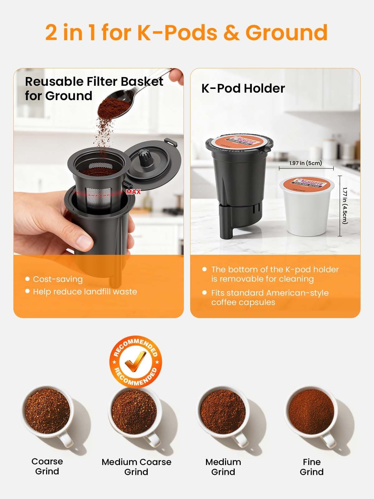Karosie K Cup Coffee Maker, Hot & Iced Coffee Maker for K Cup and Grounds, 6-14 Oz Brew Sizes, 50oz Removable Tank, Single Cup Coffee Maker with Descaling Reminder, Stainless Steel, Black — view 3