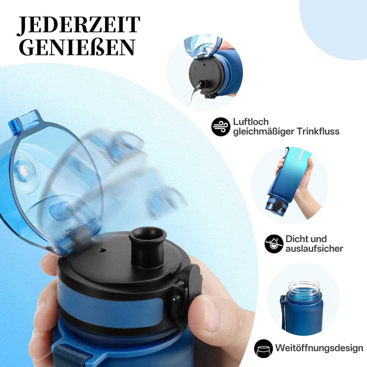 UZSPACE Botella Agua Deportiva,500ml/800ml/1000ml/1.5l, Tritan Botella Agua Sin BPA. Evitar Fugas de Agua y Ideal para el Ejercicio y los Deportes al Aire Libre — view 4