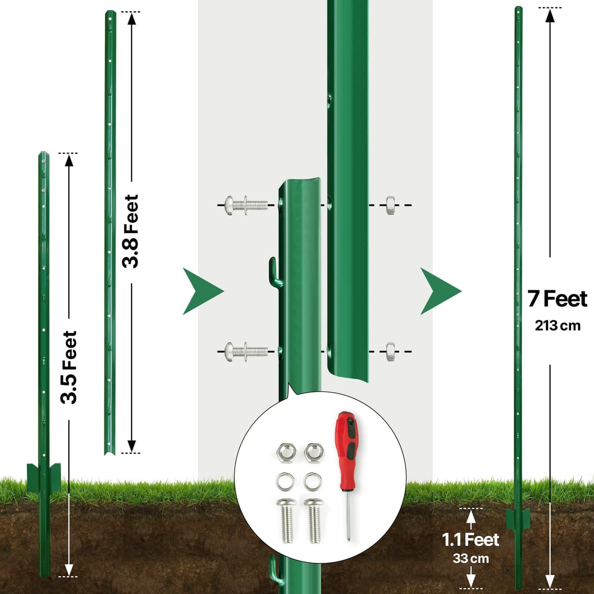 Thealyn Fence Posts 7 ft / 213 cm, Pack of 10 - for 5 ft Wire Fence Mesh, Metal Post with U-Channel, Steel Poles U Post for Garden Wire Mesh Poles for Chicken Wire Mesh — view 2