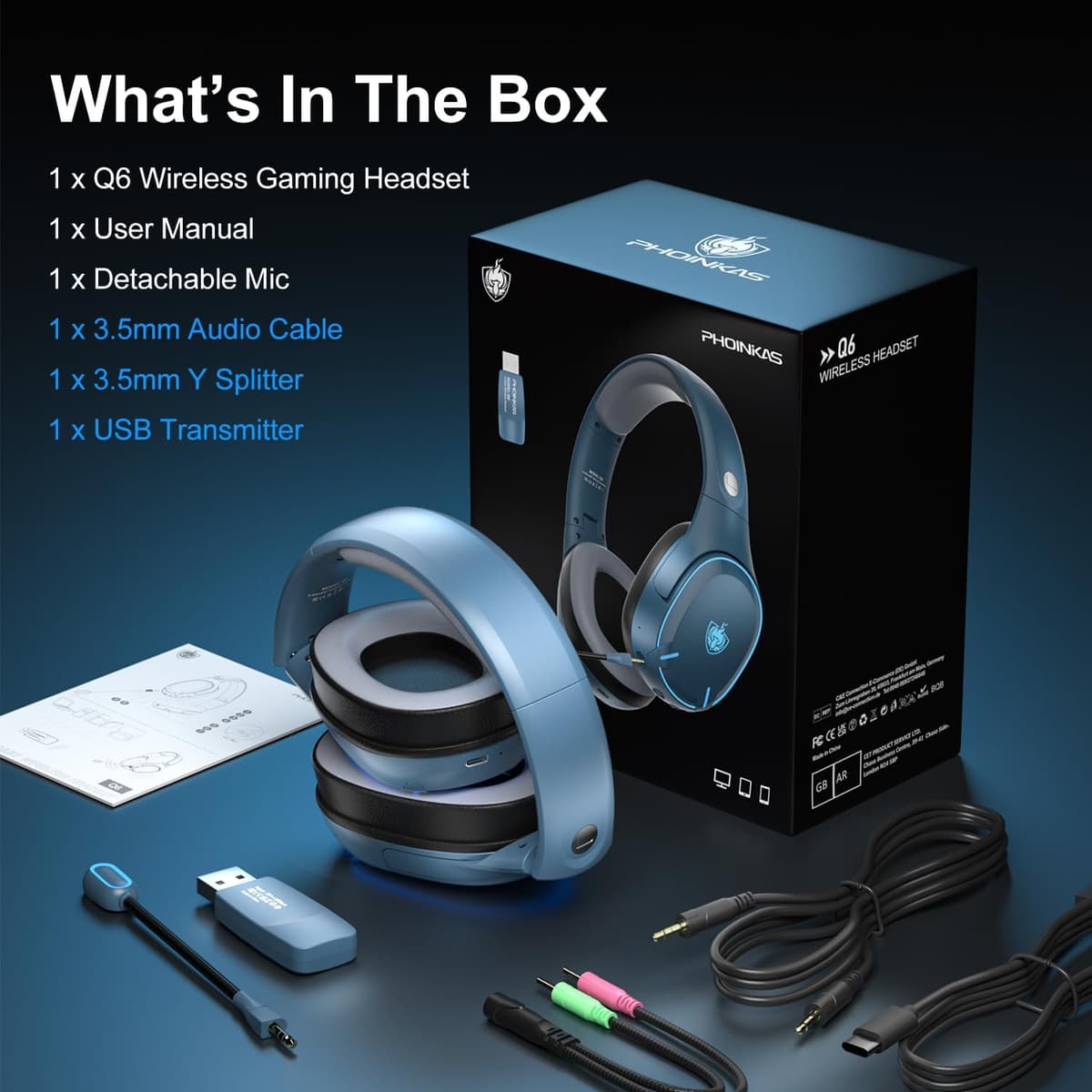 PHOINIKAS Cascos Gaming Inalámbricos para PC/PS5/PS4, Auriculares Gaming Inalámbricos de 2,4GHz USB Wireless+Bluetooth 5.3, Baja Latencia Calidad de Sonido 7.1 sin Pérdidas, 30+ Horas, Luz LED (Azul) — view 7