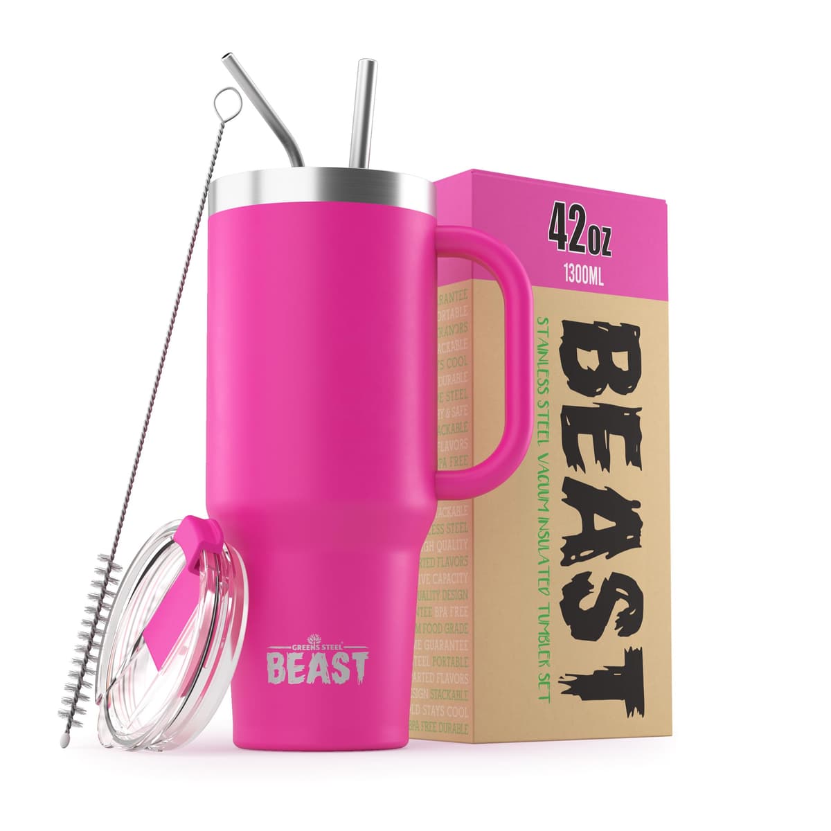 Greens Steel Beast Tumbler – 550 ml (20 oz), Coral | Vaso de acero inoxidable reutilizable con aislamiento al vacío | con 2 pajitas y cepillo de limpieza | Termo de viaje de doble pared — view 24