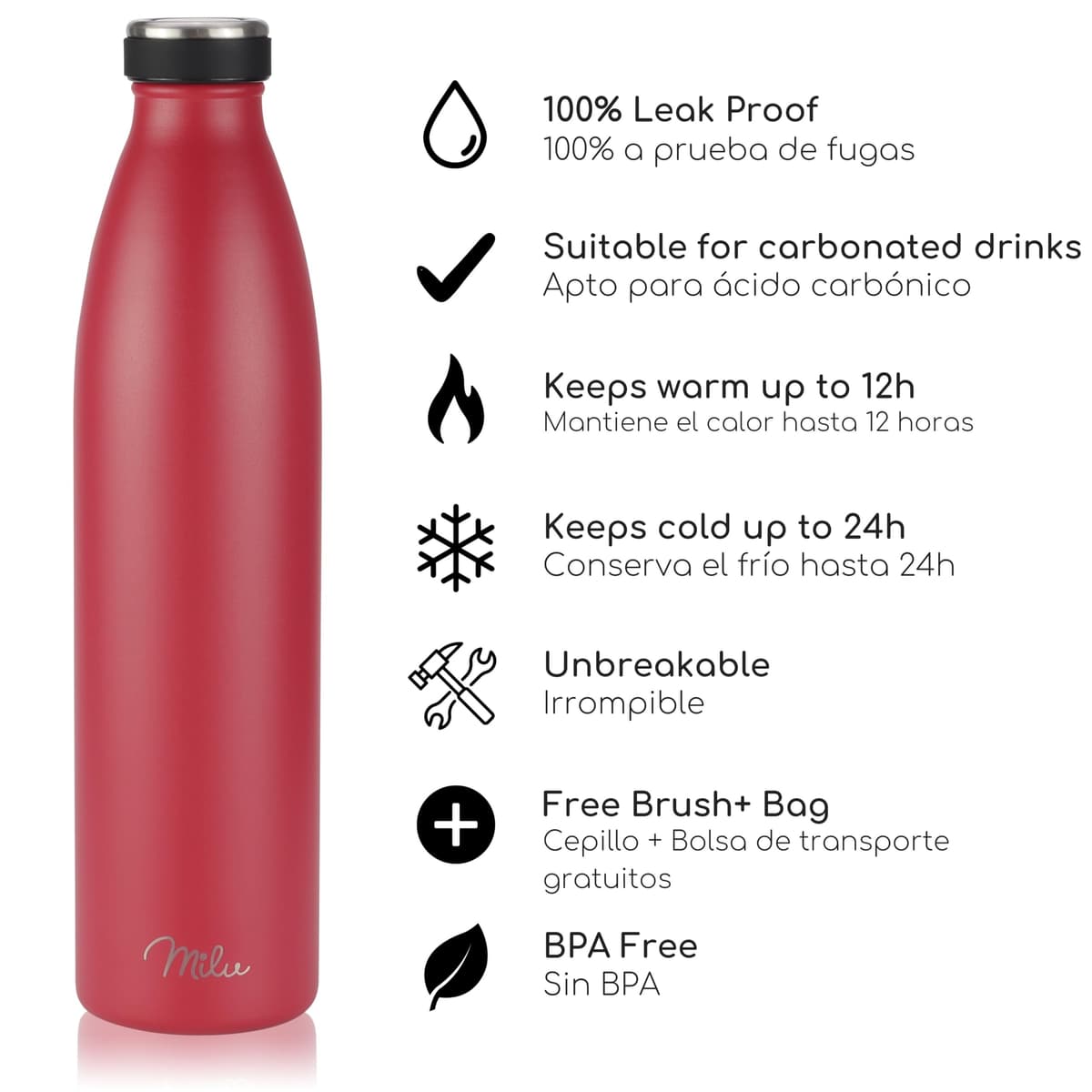 Milu Botella de acero inoxidable de 350ml 500ml 750 ml 1 L 1,5 L botella de agua aislada, termo a prueba de fugas, doble pared, apta para ácido carbónico + cepillo de limpieza (Azul Violeta, 350ml) — view 116