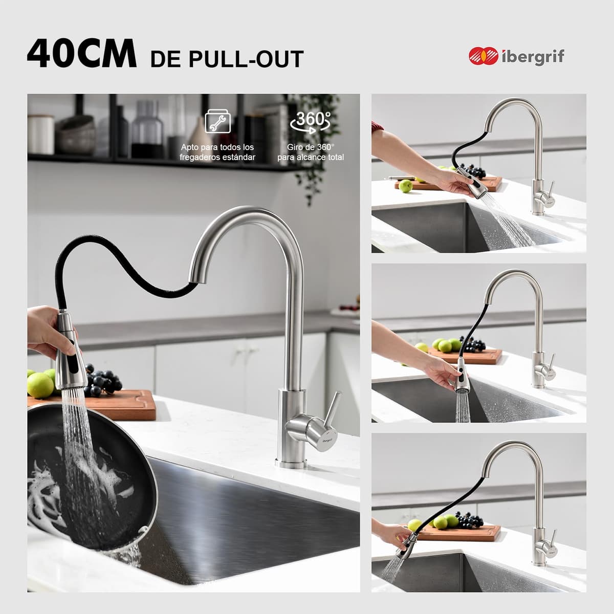 Ibergrif Grifo Cocina Extraíble, Grifo Cocina Fregadero 360° Giratorio, 3 Modos de Agua, Acero Inoxidable 304, Ahorro Energético 30%, Instalación Sin Herramientas en 5 Minutos, M22137 — view 7