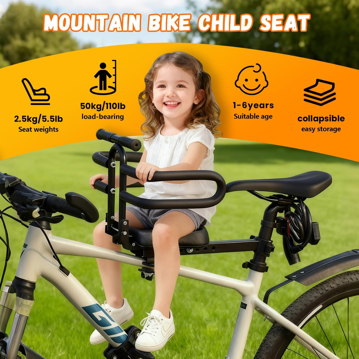 auvstar Asientos de Bicicleta Montados Delanteros para niños,Asiento Infantil para Bicicleta de Montaña,Liberación Rápida Infantil Delantero Plegable,Apto para niños de 1 a 6 años — view 2
