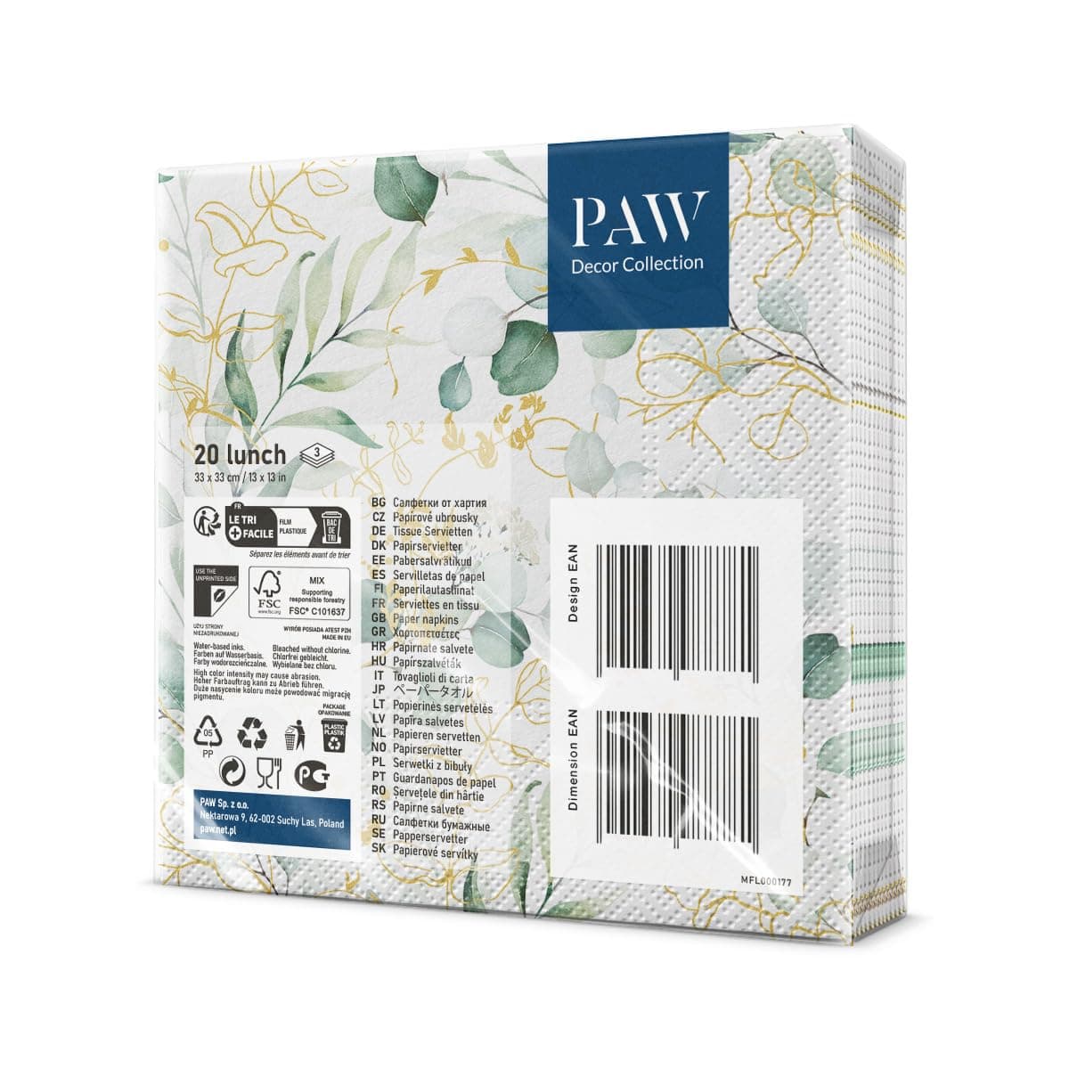PAW - Servilletas Papel 3 Capas (33 x 33 cm) I 20 Unidades I Perfecto para Cumpleaños, Fiestas, Bodas, Comuniones y Celebraciones I Decoración de Mesa Elegantes I Eucalipto Dorado — view 2