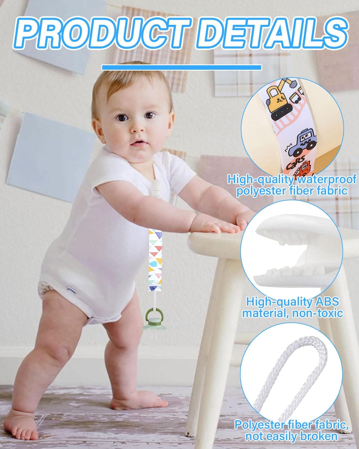LEEQBCR 4 Pcs Chupetero de clip para Bebé,Ajustable Cadena para Chupete Bebe,Cadena de Chupetes para niños y niñas,Diseño de Una Pieza,Sin BPA,Protege a tu bebe — view 3
