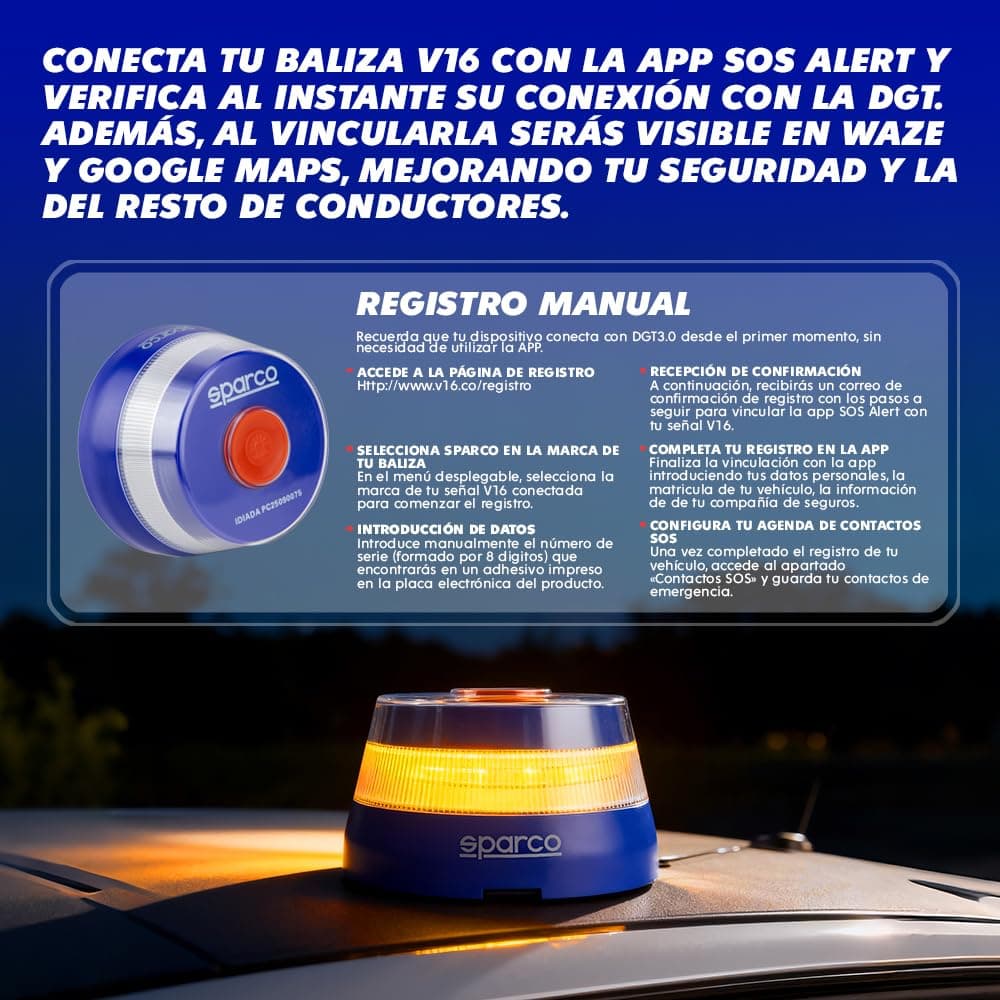 Sparco Luz Emergencia Coche V16 Homologada DGT 3.0 con Geolocalización, SIM y Datos Incluidos hasta 2038 + Estuche de Regalo, Baliza Obligatoria Enero 2026, App incluida — view 2