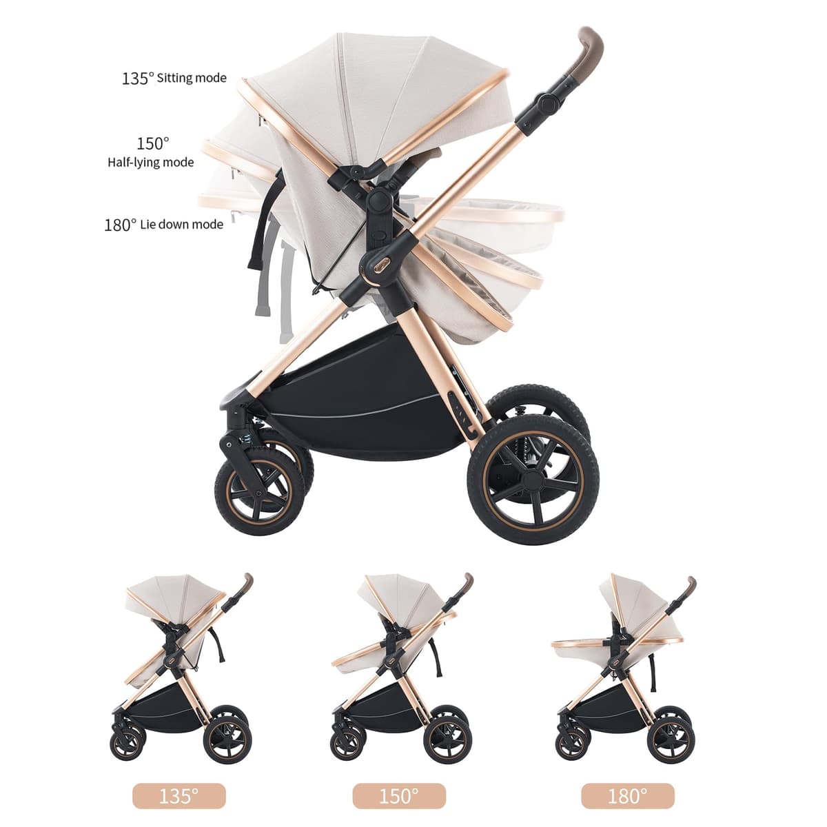 3 in 1 Baby Stroller with Height Adjustable Handle,3 in 1 Prams Travel System, Lightweight Foldable Pushchair, Prams with Aluminum Frame for Portable Baby Carriage (D2 Pink, H2-D) — view 6