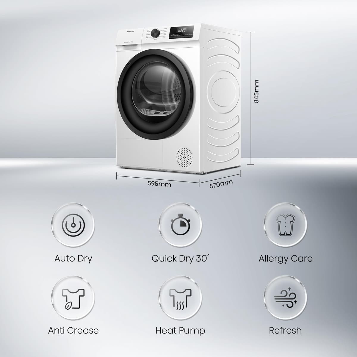 Hisense DH1Q802BW2 60cm Freestanding 8 KG Heatpump Front Load Tumble Dryer, 16 Programmes, Auto Dry, Steam Refresh, Allergy Care - White — view 2