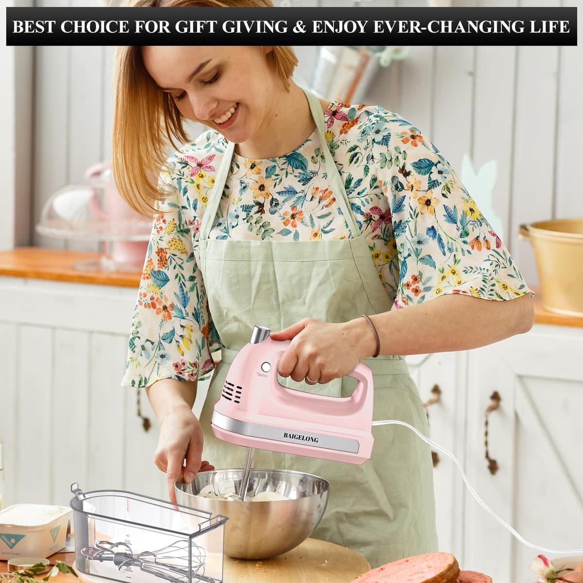 BAIGELONG Hand Electric Mixer, 300W Ultra Power Food Kitchen Mixer with 5 Self-Control Speeds + Turbo Boost, 5 Stainless Steel Attachments Handheld Blender for Baking, PINK — view 7