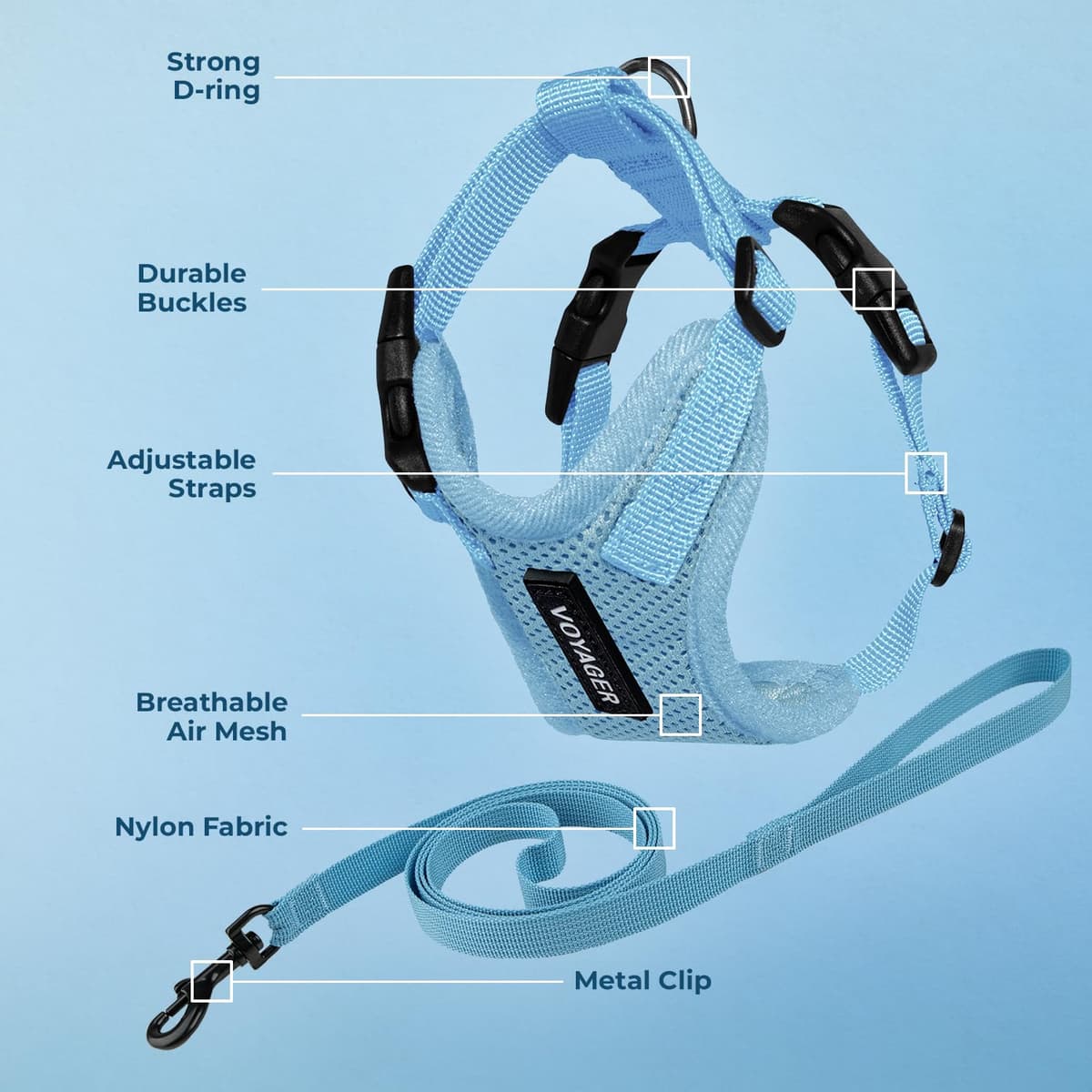 Voyager Step-in Lock Cat Harness and Reflective Cat Leash with Neoprene Handle by Best Pet Supplies - Supports Small, Medium and Large Breed Cats, Baby Blue, size XS - 5ft — view 3