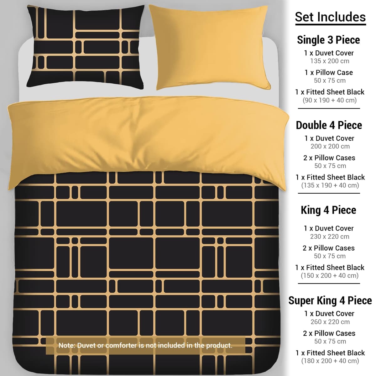 Pamposh 3 Pcs Single Duvet Cover Set with Matching Black Single Fitted Sheet 40 cm Extra Deep Pocket - UltraSoft Breathable Premium Microfibre Reversible Quilt Cover Bedding Set For All Seasons — view 2