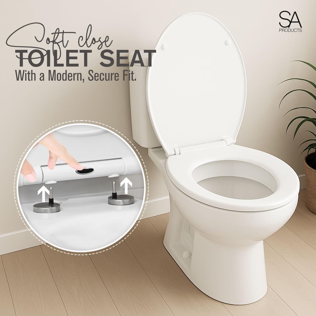 SA Products Oval Quick Release Toilet Seat – Soft Close Toilet Seat with Quick Release Hinges for Easy Cleaning, Thermoset Lid with ABS Cylinder & Fixings – 44.1 × 36.5 × 5 cm, White — view 2