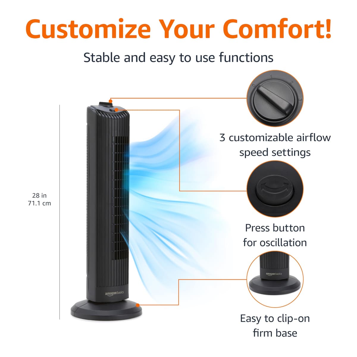 Amazon Basics 28" (71 cm) 60-Degree Oscillating Tower Fan for Bedroom, Living Room, Office, With 3 Speeds, Intuitive Mechanical Control, Matte Black, 35W, 27.8" x 9.4" x 9.4" (71 cm x 24 cm x 24 cm) — view 2
