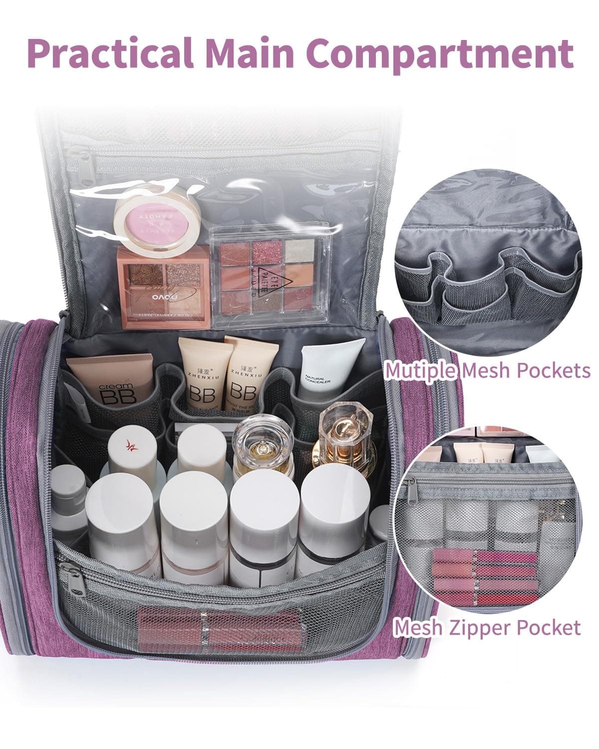 Narwey Neceser Mujer Bolsa de Aseo Colgante, Organizador de Maquillaje Neceser Viaje para Hombre y Mujer Accesorios de Viaje (moradoe(Grande)) — view 3