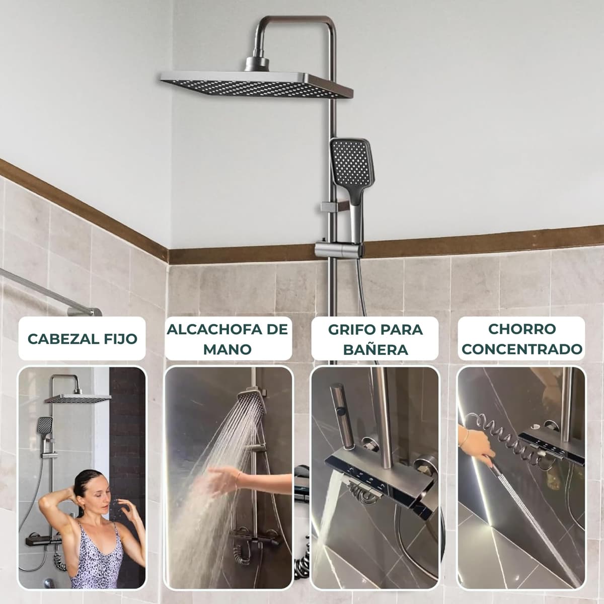 INEX EUROPA Columna Ducha Negro Gris Titanio con Cabezal Cuadrado - Columna de Ducha 4 Modos y Altura Ajustable – Cabezal, Chorro, Grifo y Alcachofa de Ducha – 10 Años de Garantía — view 5