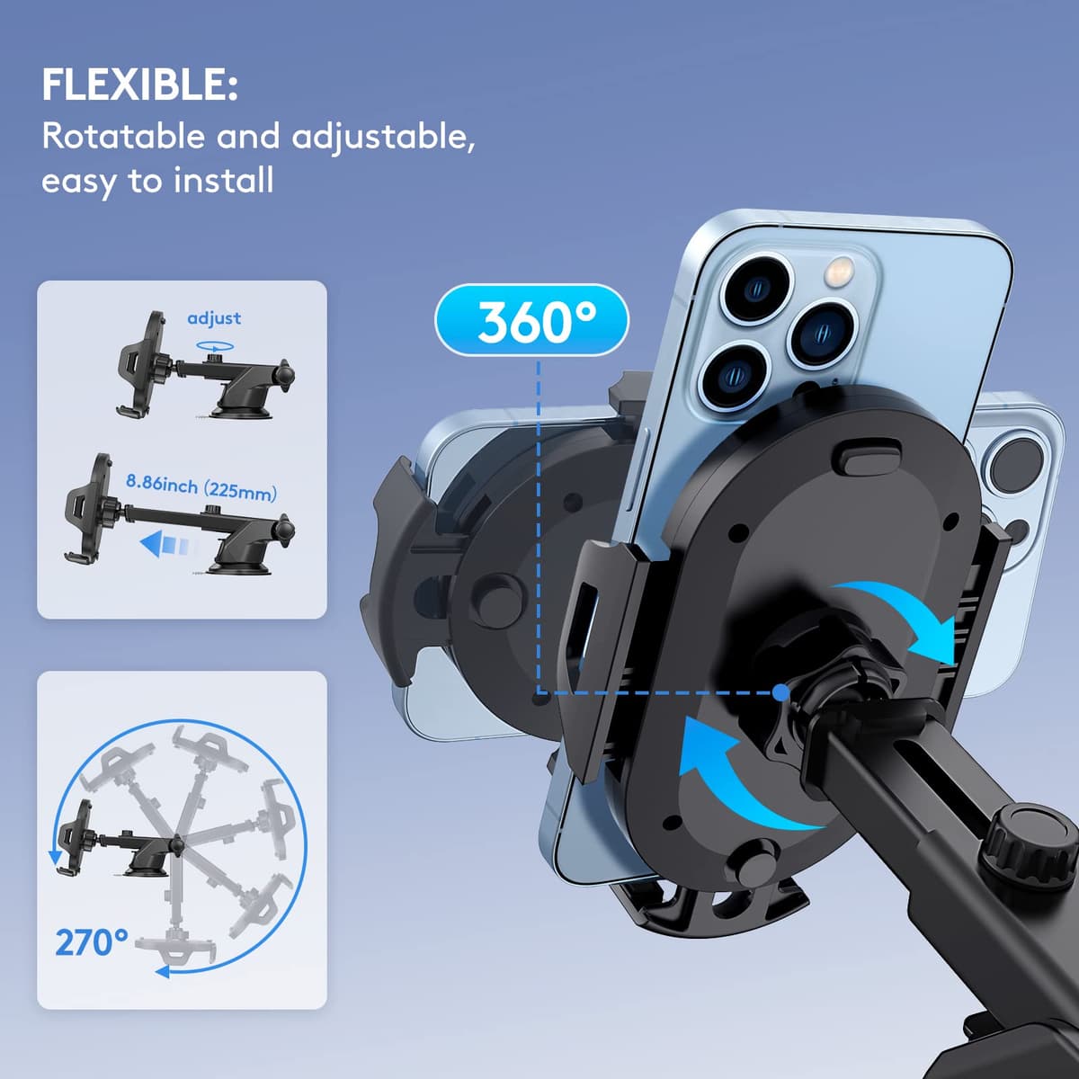 ANCOOLE Car Phone Holder [Strong Suction Cup] Long Arm for Car Windshield Dashboard, Compatible with iPhone 17/16/15/14/13, Samsung Galaxy S25 24 and More — view 5