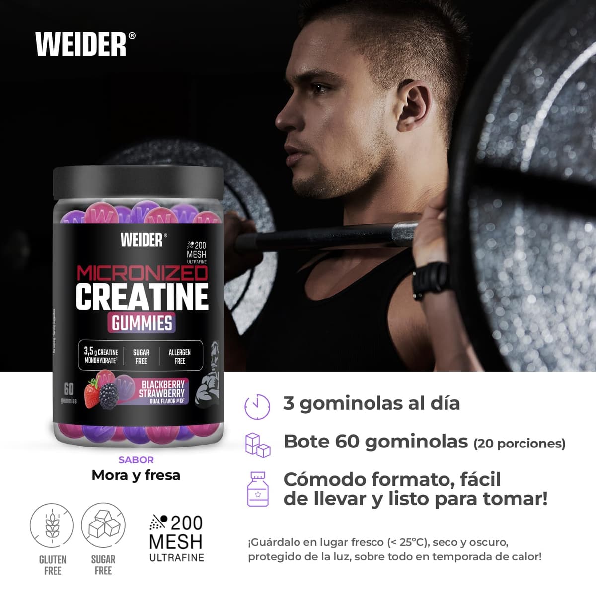 Weider Micronized Creatine Gummies (60 gominolas) Sabor DUO Fresa-Mora, con 3,5g creatina monohidrato 200 MESH/porción, Certificado por laboratorio Europeo, ayuda al rendimiento físico (20 porciones) — view 4