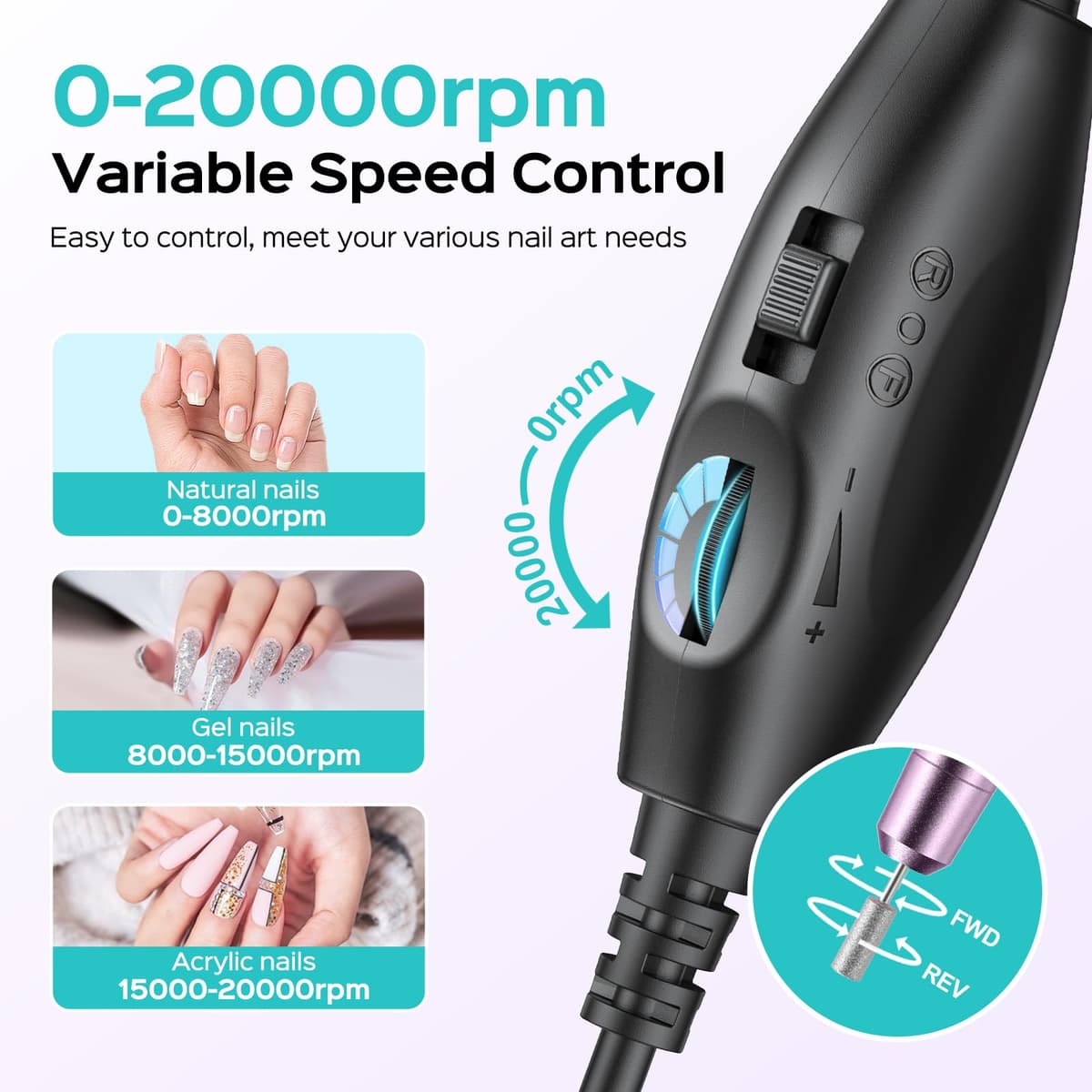 COSLUS C40 Electric Nail Drill, Nail Files for Gel Acrylic Nature Nails, Adjustable Speed 0-20000RPM, Portable Manicure Pedicure Set with 6 Drill Bits 31 Sanding Bands, E File Beginner Girl Women Mum — view 3