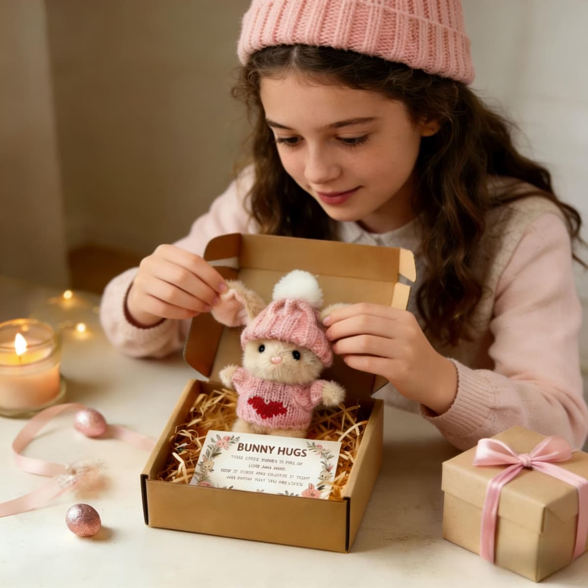 Handmade Mini Plush Bunny with Greeting Card, Soft Stuffed Rabbit, Gift Box for Birthday, Valentine's Day, for Kids and Adults (Blush Pink) — view 3