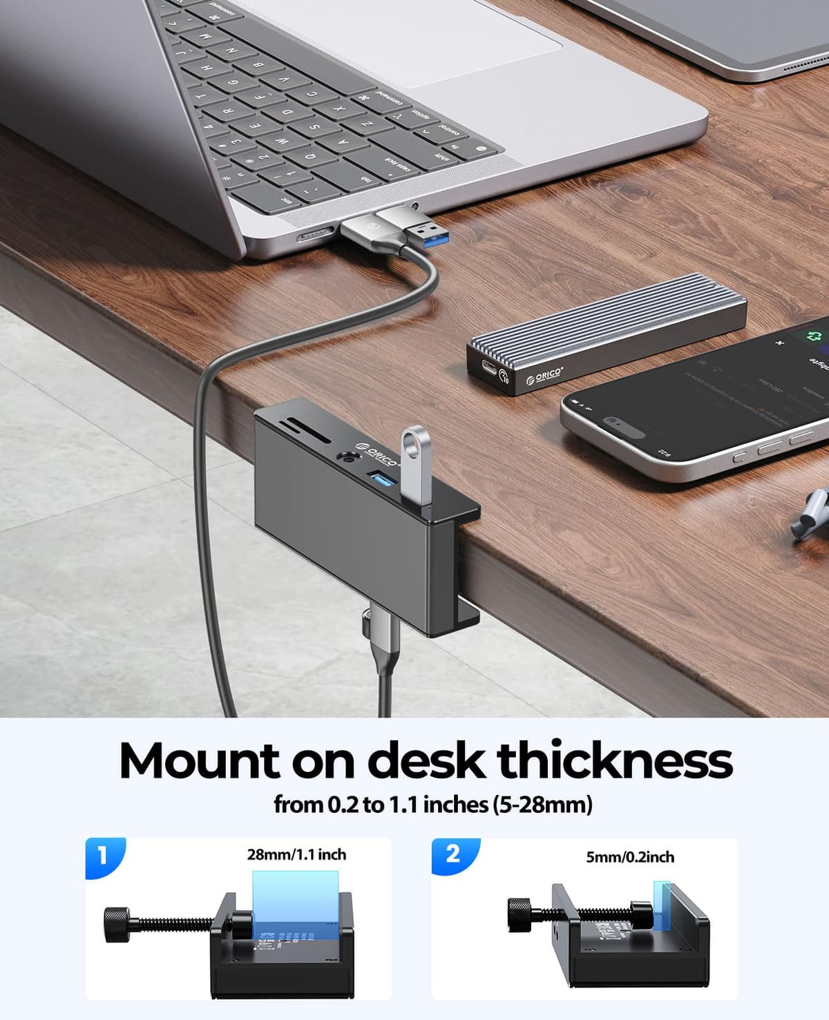 ORICO USB Hub 3.0, Clamp USB Hub with Extra Power Port, Aluminum USB C Adapter with 2 USB-A Data Ports,3.5mm AUX, SD/TF Card Reader for Desktop(Black) — view 6