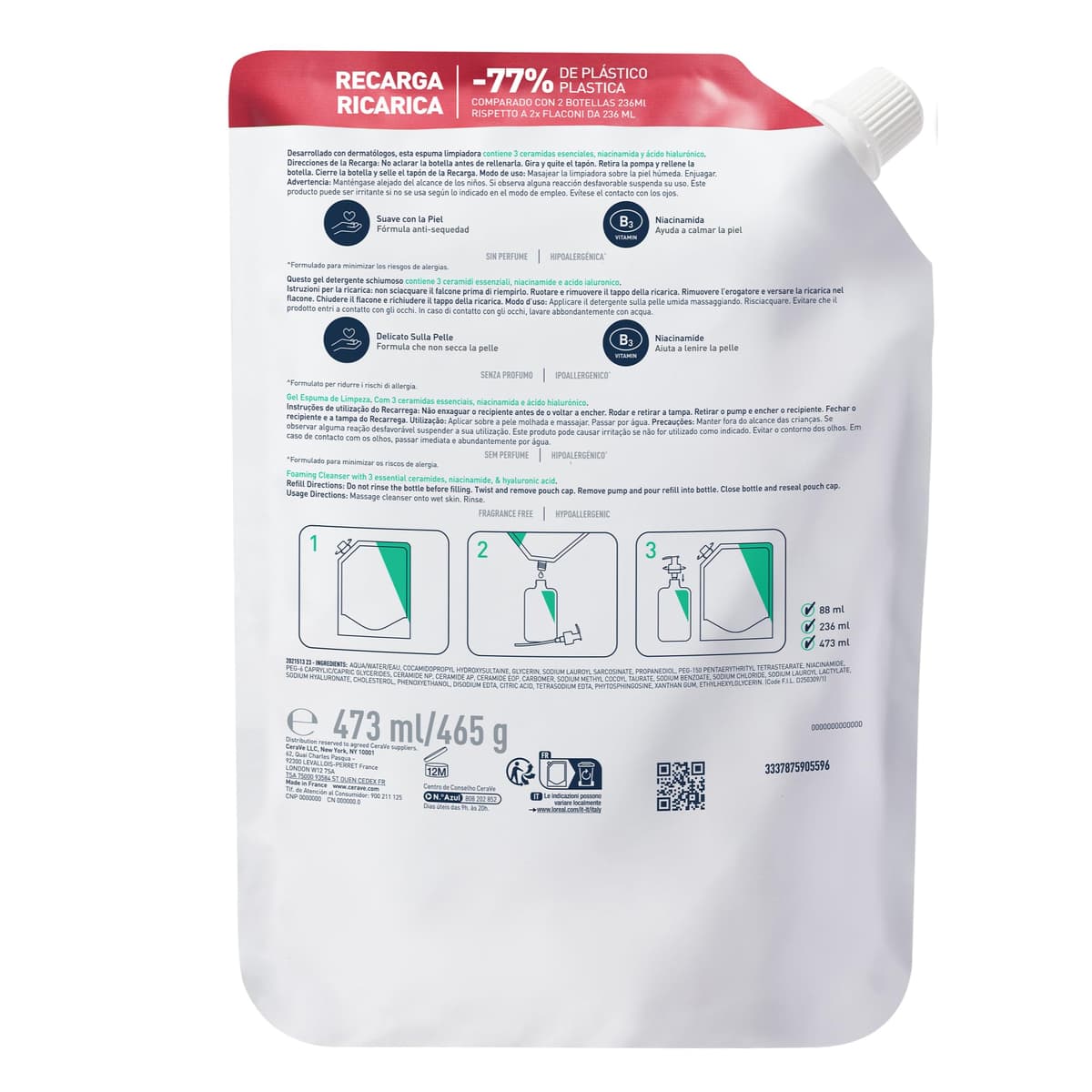 CeraVe Gel Limpiador Espumoso, Para Piel Normal a Grasa, Elimina el Exceso de Grasa y Suciedad, Enriquecido Con Ceramidas Esenciales, Niacinamida y Ácido Hialurónico, Apto para Rostro y Cuerpo, 473ml — view 2