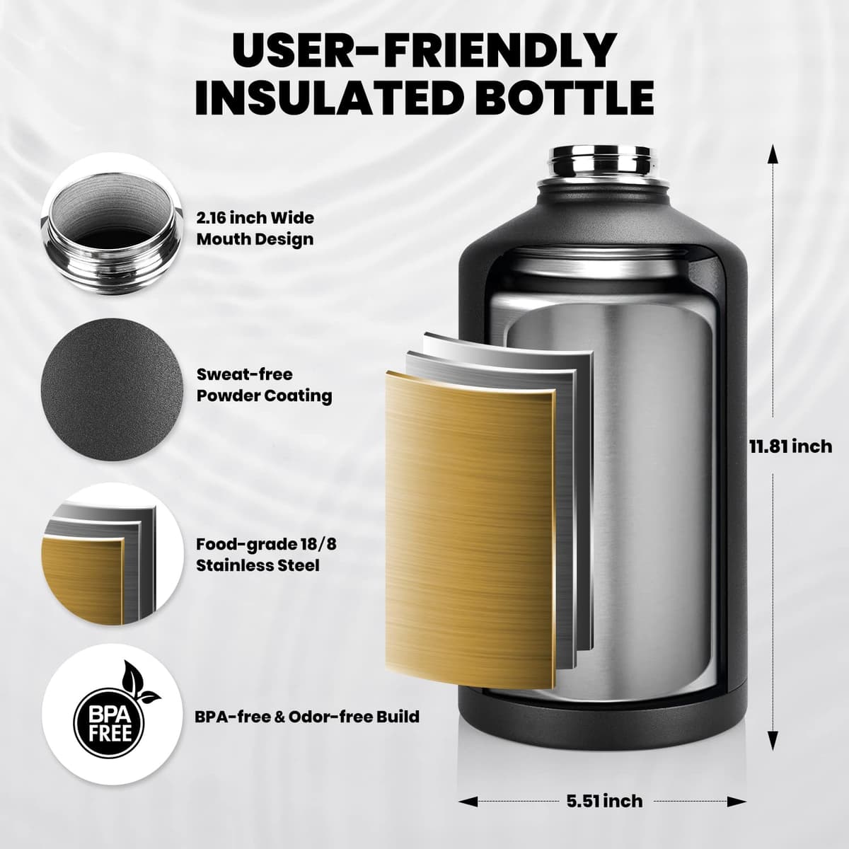 RAYMYLO One Gallon Water Bottle Insulated, Triple Walled Vacuum Stainless Steel (Cold for 48 Hrs), Leak Proof & Non-BPA, Large Water Flask Jug with Paracord Handle & Straw Spout Lids — view 5