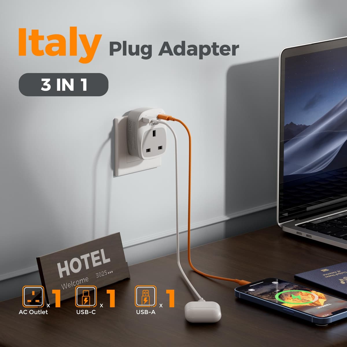 UK to Italy Plug Adapter, TESSAN Grounded Italy Plug Adapter with 2 USB Ports (1 USB C), Italian Travel Adaptor for Chile Ethiopia Libya Syria Tunisia Uruguay (Type L) — view 4