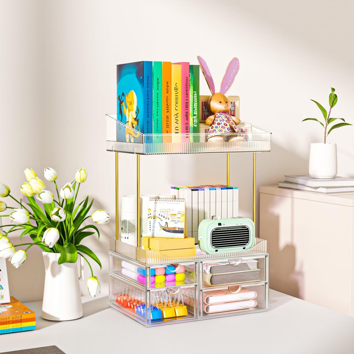 Makeup Organiser - Upgraded Transparent Perfume Organiser with 2 Shelves & 4 Drawer, Make up Storage Non-Slip Design, Skincare Drawer Organisers for Bathroom/Bedroom/Kitchen/Vanity, Clear — view 3